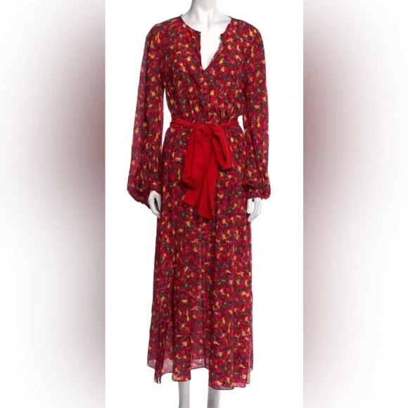 Saloni 100% Silk Red Yellow Floral Print Maxi Dress *No Sash* US Size 2 - Picture 3 of 8